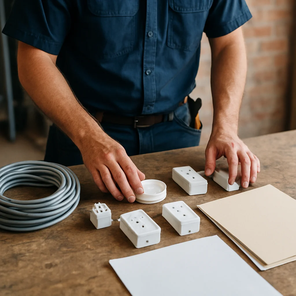Electrician preparing job materials and paperwork before starting work
