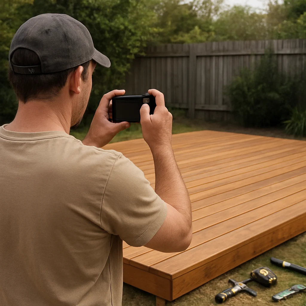 Tradesperson photographing a finished timber deck for a weekly job post