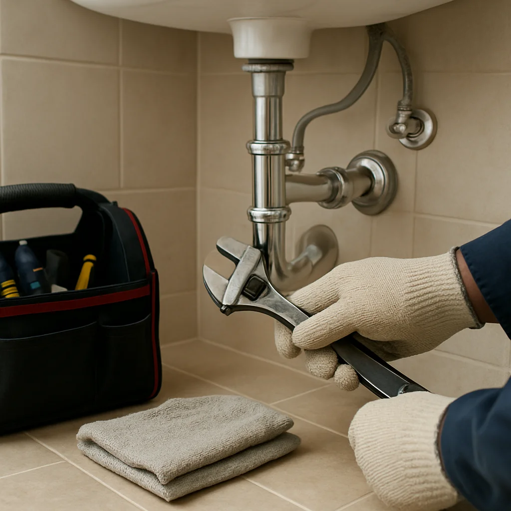 Plumber working on laundry pipework for a local repair job