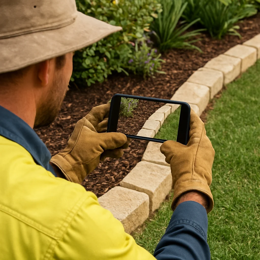 Landscaper framing a garden edging photo without showing the customer's home
