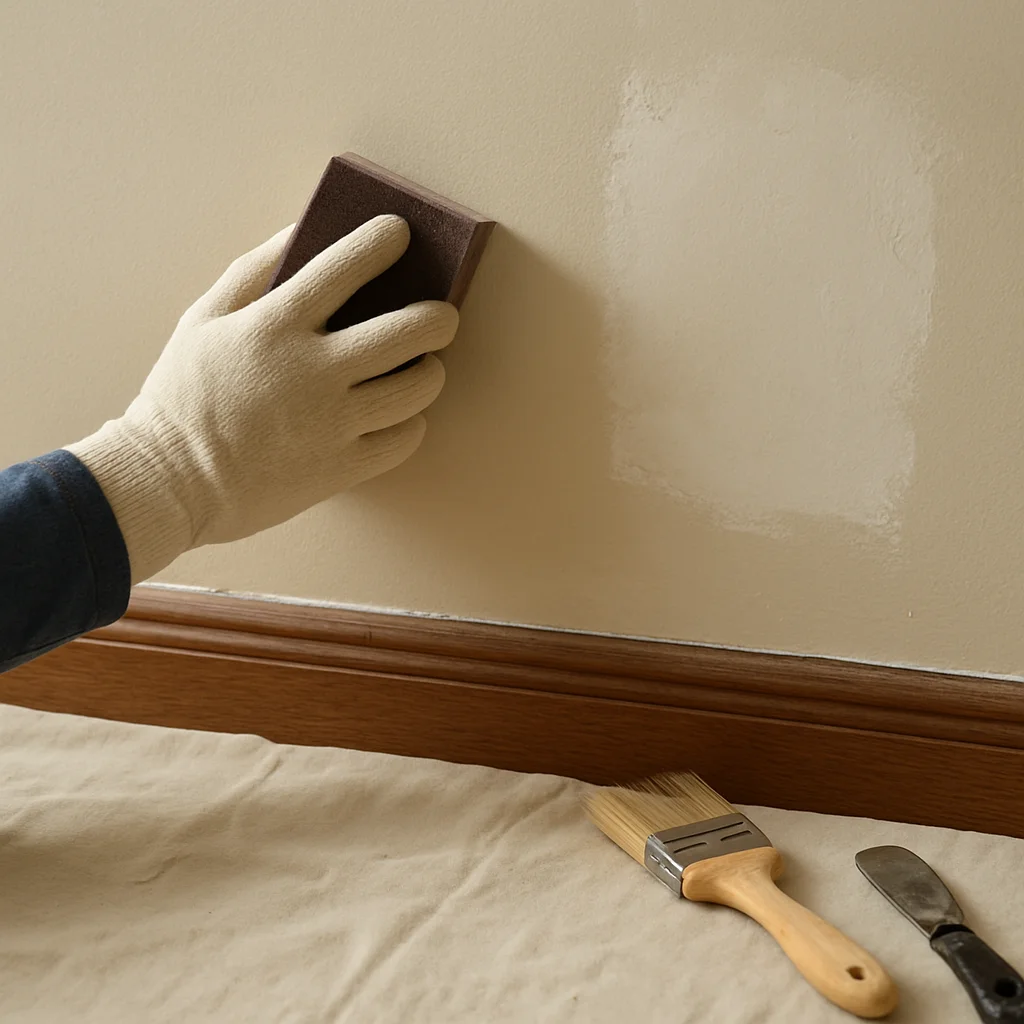 Painter preparing an interior wall before painting