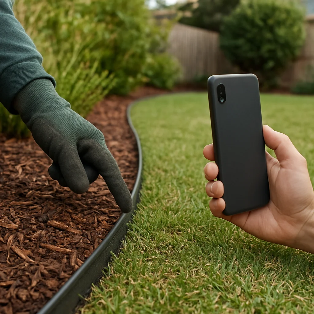Landscaper pointing out an edging detail while it is filmed for a process clip