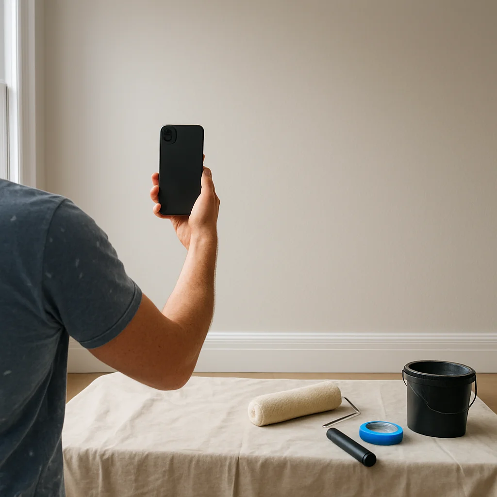 Painter framing a finished wall while keeping household belongings out of the video