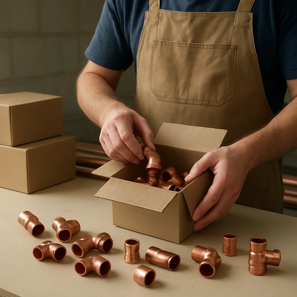 Trade worker checking delivered copper fittings before matching the supplier bill