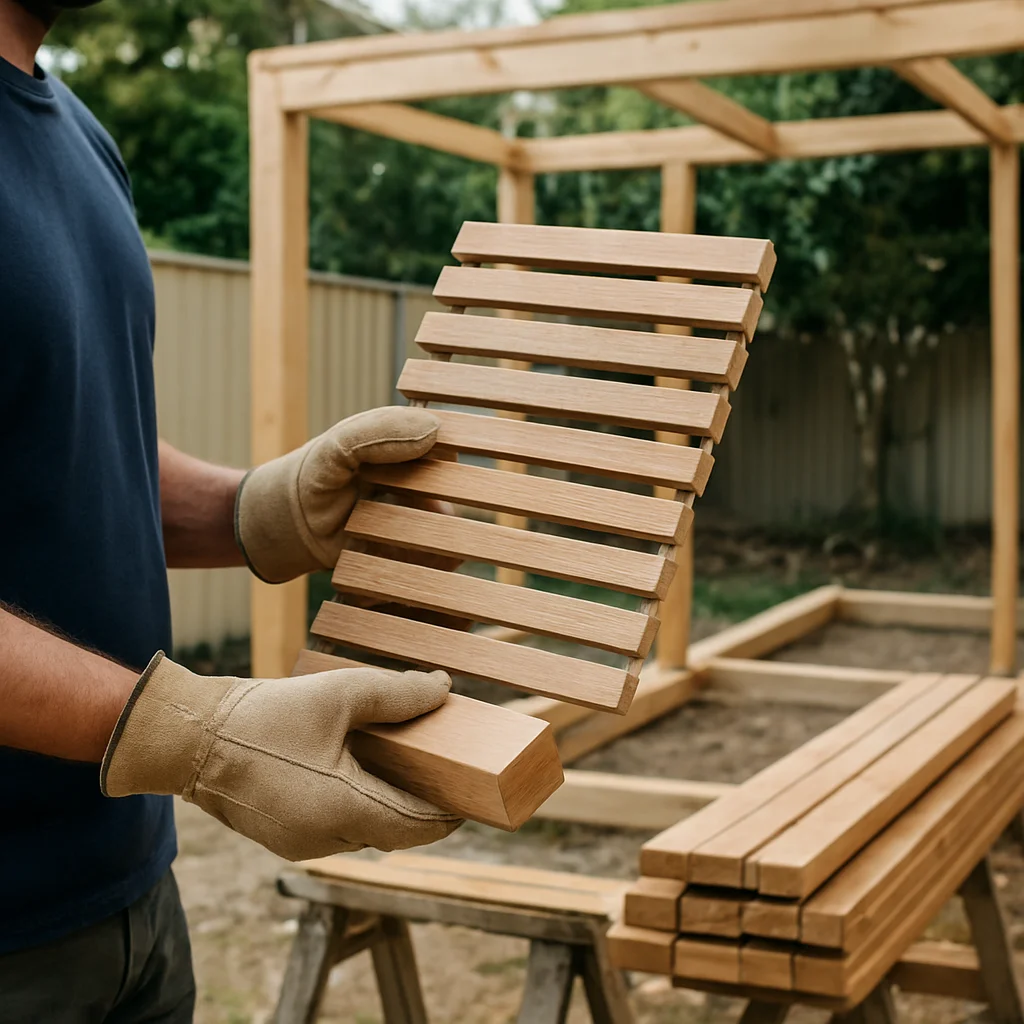 Carpenter checking timber screening samples for an extra materials variation