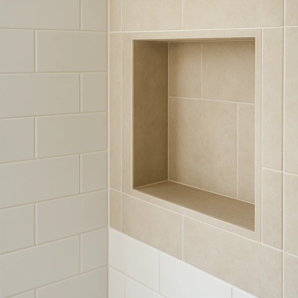 Close-up of a tiled shower niche and surrounding wall in a completed bathroom