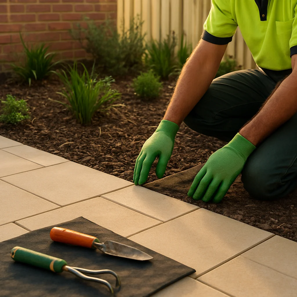 Landscaper checking garden edging beside paving in a residential courtyard